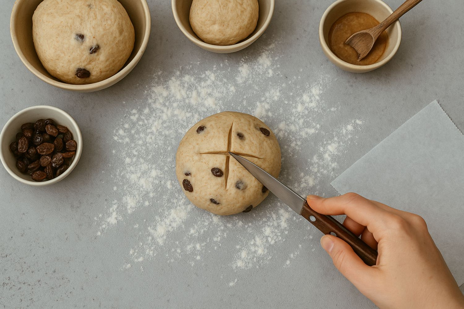 Rosinenbrötchen Hand schneidet kreuzförmig in Rosinenteigkugel. Weitere Teigkugeln, Rosinen und Zimt in Schalen auf bemehlter Fläche.