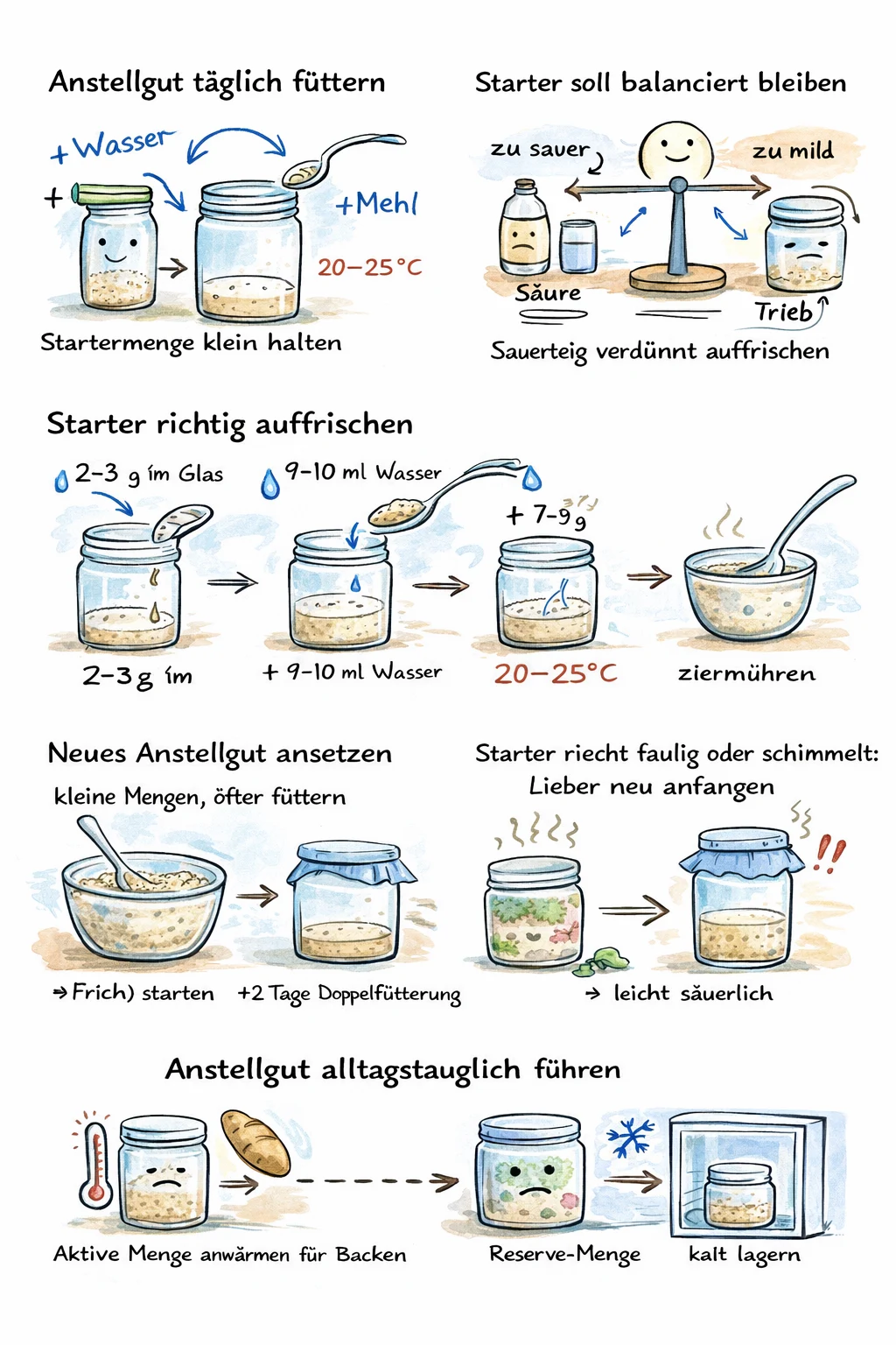 Anleitung für Sauerteigstarter: Füttern, Auffrischen und Lagern in Bildern illustriert. Hinweise zur Vermeidung von Schimmel.