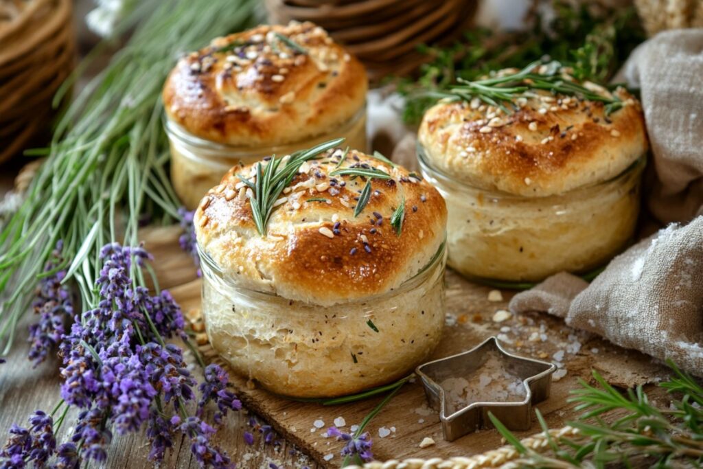 Frisch gebackenes Brot in Gläsern, garniert mit Rosmarin und Sesam, umgeben von Lavendel und einem sternförmigen Ausstecher.