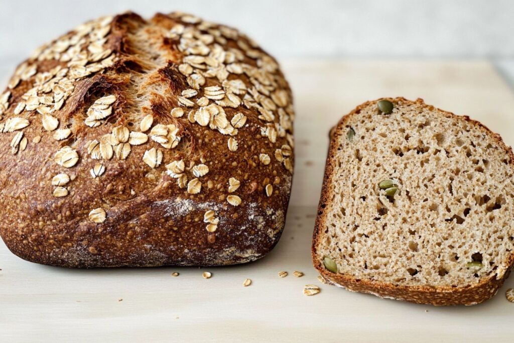 Frisches Brot mit Haferflockenkruste und geschnittenem Stück, sichtbar sind Körner im Inneren, auf Holzbrett.