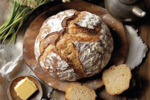 Knuspriges, rundes Brotlaib auf Holzbrett mit zwei Brotscheiben, Butter auf Holzschale und Blumen im Hintergrund.