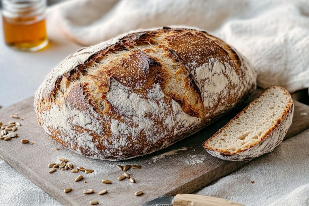 Ein Laib Brot mit knuspriger Kruste auf einem Holzbrett, daneben eine Scheibe Brot und einige Sonnenblumenkerne.