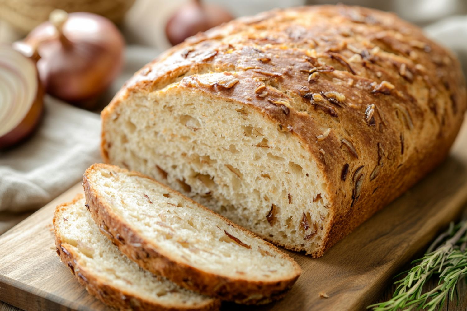 Ein Laib Zwiebelbrot mit zwei geschnittenen Scheiben liegt auf einem Holzbrett, im Hintergrund sind Zwiebeln zu sehen.