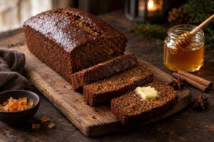 Pain d’épices als Kastenbrot, angeschnitten, mit Honig, Zimtstangen und Sternanis