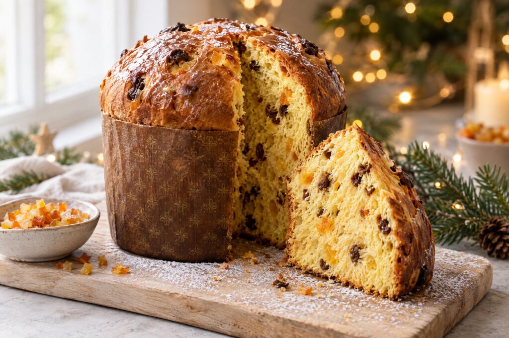 Angeschnittener Panettone in Papierform mit Rosinen und Orangeat, weihnachtlich dekoriert