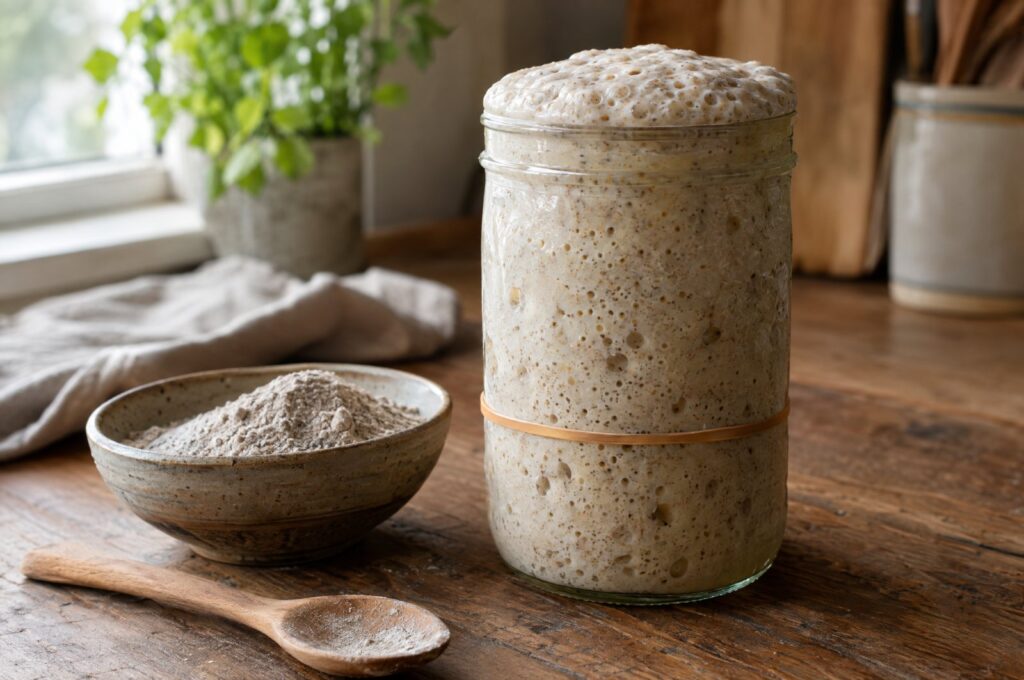Glas mit aktivem, blasigem Roggensauerteig auf einem Holztisch, daneben Roggenmehl und ein Holzlöffel