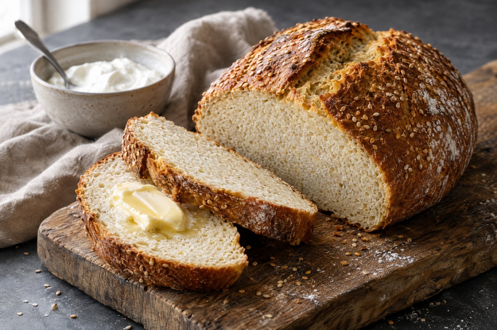 Angeschnittenes Skyr-Brot mit Sesamkruste auf einem Holzbrett, eine Scheibe mit Butter, daneben eine Schale Skyr